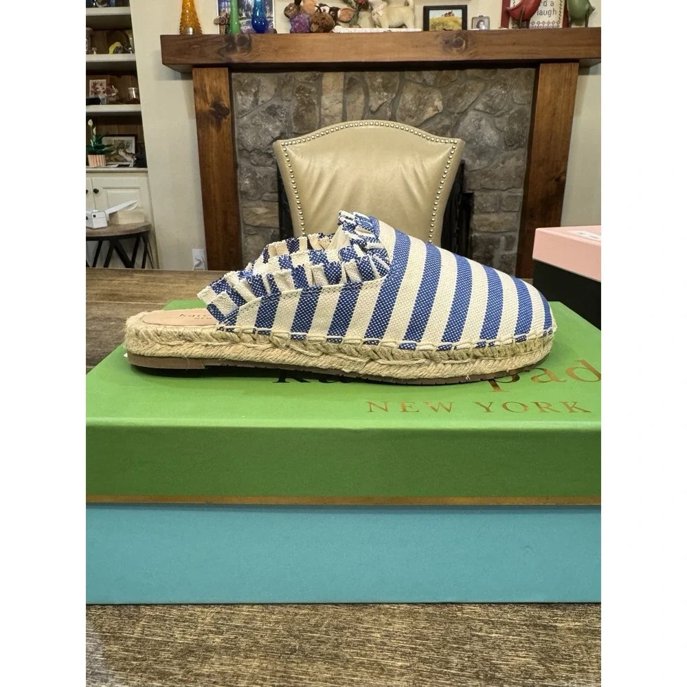 Kate Spade Size 6‎ Blue Cream Striped Canvas Laila Espadrilles Mules